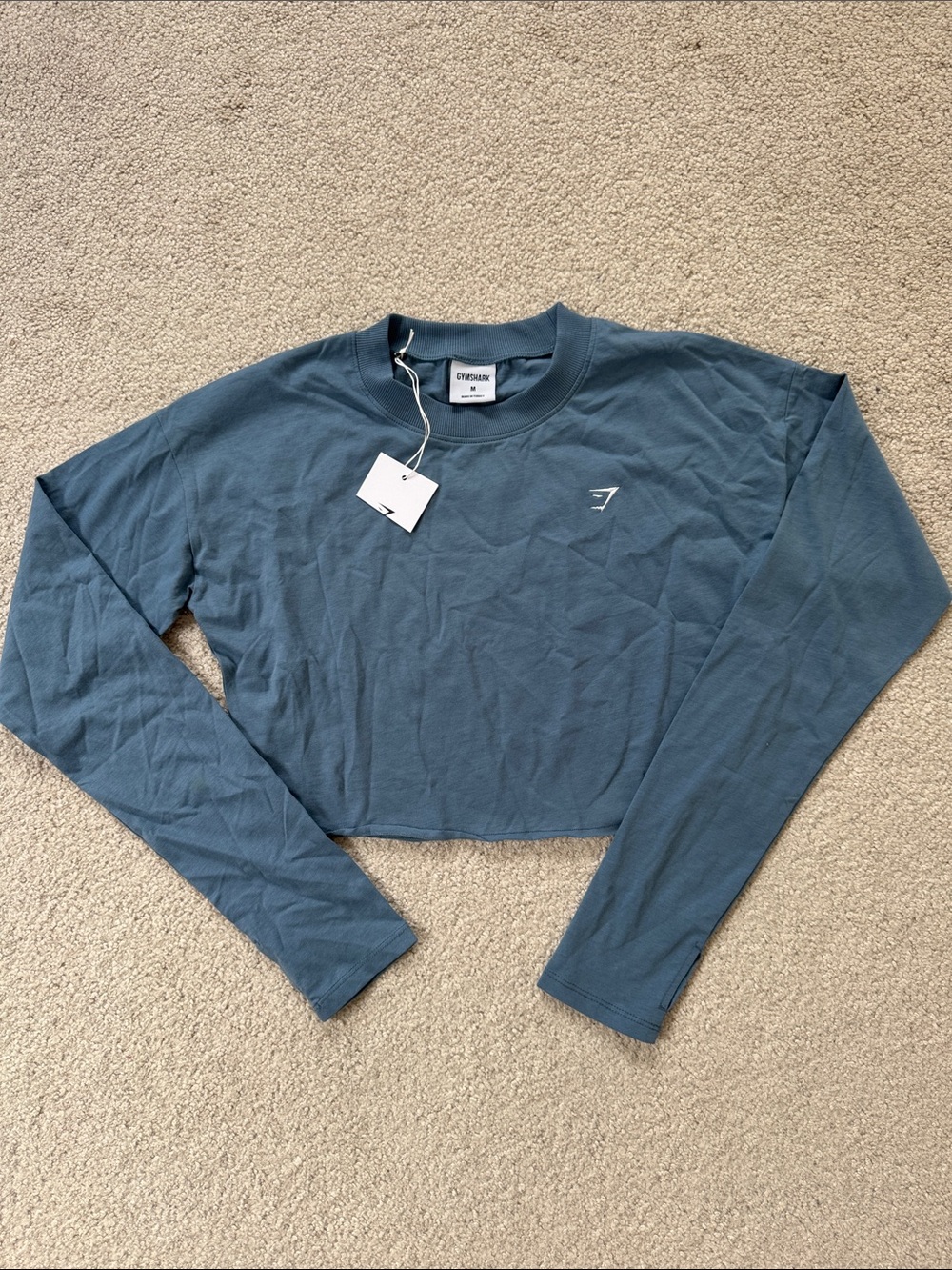 Gymshark Lifting Long Sleeve Crop 100% Cotton Shirt Blue SzM NWT